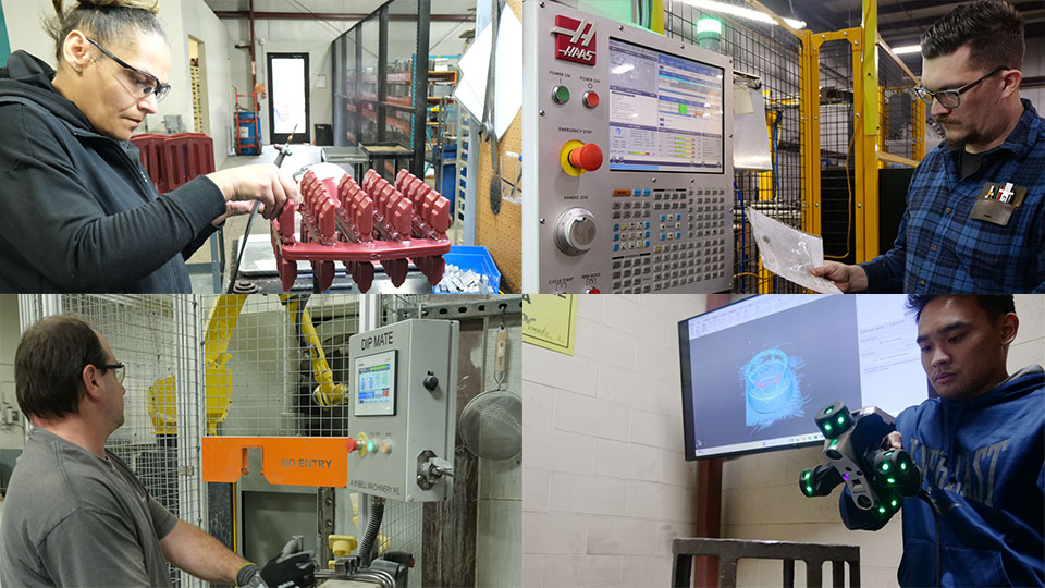 Jobs at the Eagle Group: wax department at Eagle Precision, CNC machining at Eagle CNC, loading robotic cell at Eagle Precision, measuring with a laser scanner at Eagle Alloy