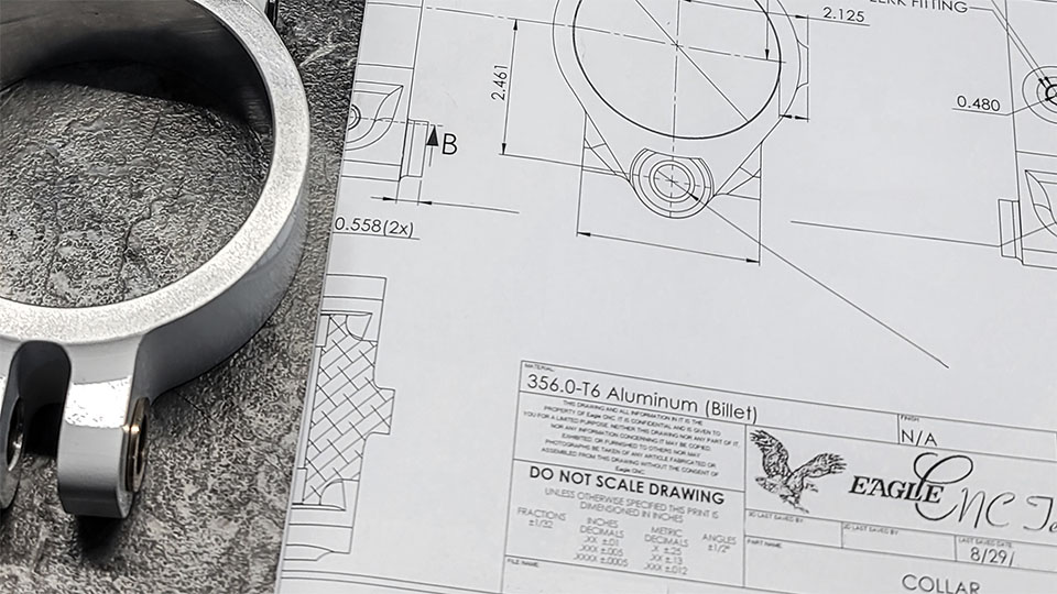 Reverse engineered part at Eagle CNC with blueprints