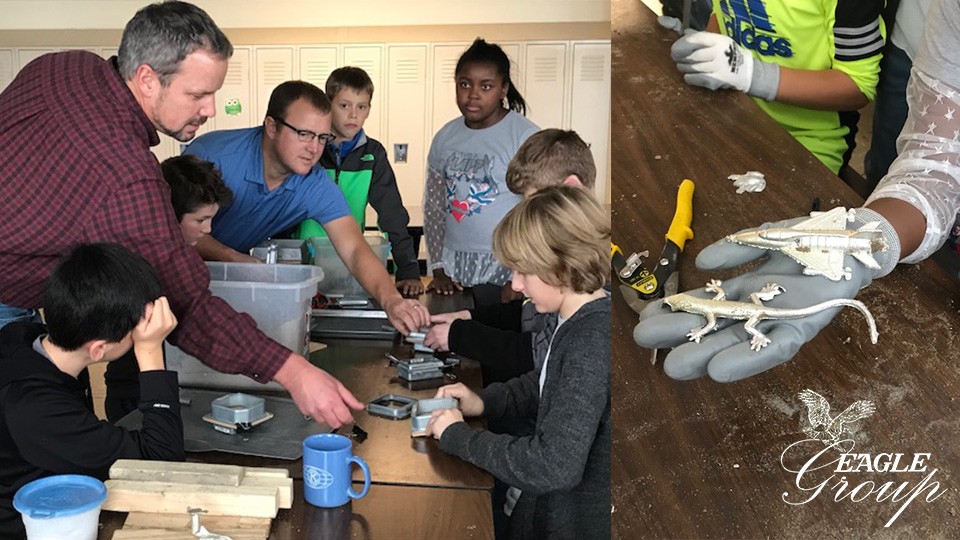 Eagle Alloy's Metallurgist working with elementary school students on Foundry In A Box