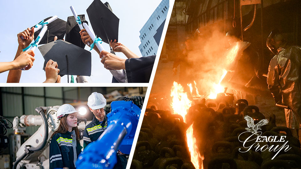 Manufacturing education leads to rewarding careers: graduates holding up their caps, apprentice-students in a high-tech manufacturing facility, and a professional metalcaster pouring metal at the Eagle Gorup